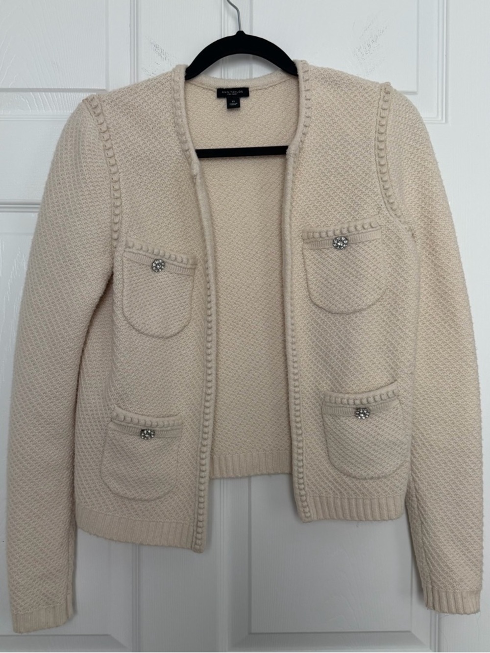 Ann Taylor Ivory Textured Open Pocket Cardigan with Jewel Buttons